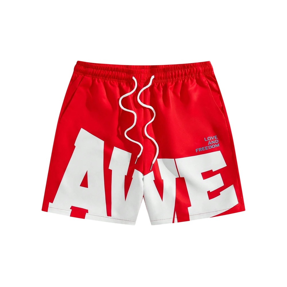 NWT Romwe Men's L Red Prep Drawstring Waist Letter Print Basketball Shorts
